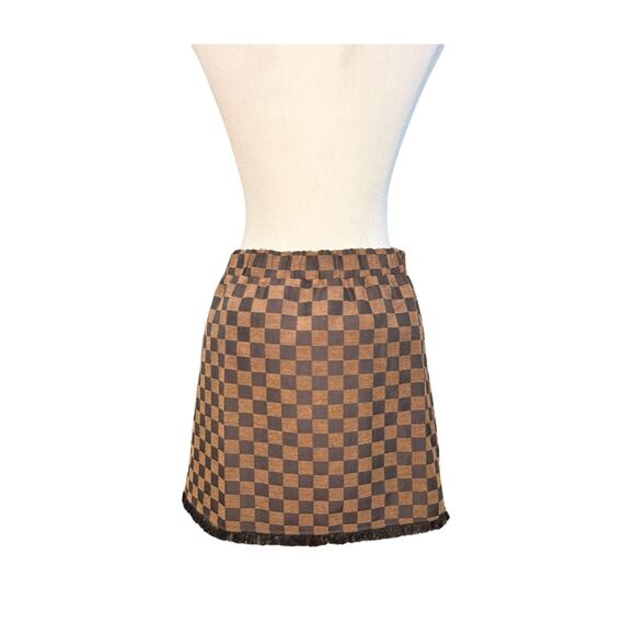Judith March Check Mate Brown Jacquard Wrap Skirt Women’s Medium Plaid Fringe - Picture 6 of 10